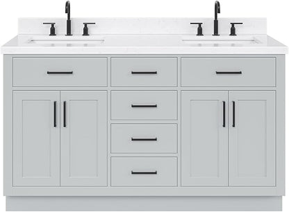 ARIEL Hepburn 60-inch Bathroom Vanity with Sink,Solid Wood, 1.5-inch Carrara White Quartz Countertop & Backsplash, Double Rectangular Porcelain Sink, 4 Soft Closing Doors, 6 Dovetail Drawers, Grey