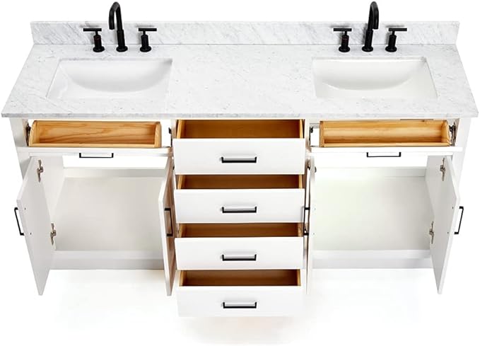 ARIEL Hepburn 72-inch Bathroom Vanity with Sink,Solid Wood, 0.75-inch Italian Carrara Marble Countertop, Double Rectangular Porcelain Sink, 4 Soft Closing Doors, 6 Dovetail Drawers, White