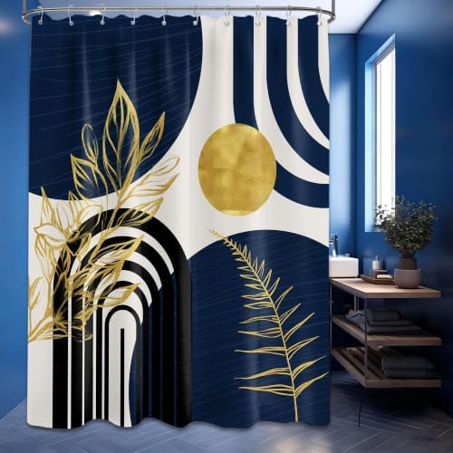 Navy Blue and Gold Shower Curtain, 60X72 in, Mid Century Modern