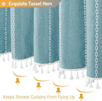 BTTN Teal Boho Farmhouse Linen Heavy Duty Cloth Shower Curtain Set, 72x72