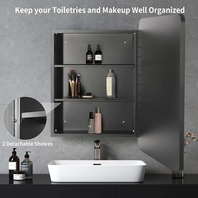 Movo Black Metal Framed Bathroom Mirror Medicine Cabinet, 20 Inch x 31 Inch, Tilting Beveled Vanity Mirror, Recess or Surface Mount Installation
