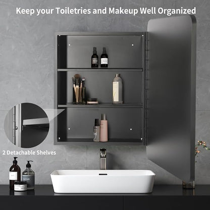 Movo Black Metal Framed Bathroom Mirror Medicine Cabinet, 20 Inch x 31 Inch, Tilting Beveled Vanity Mirror, Recess or Surface Mount Installation