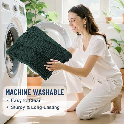 Grandaily Chenille Striped Bathroom Rugs 30x20, Extra Thick and Absorbent Bath Mats, Non-Slip Soft Plush Shaggy Shower Carpet, Machine Wash Dry, Bath Rug for Bathroom, (Medium, Dark Green)