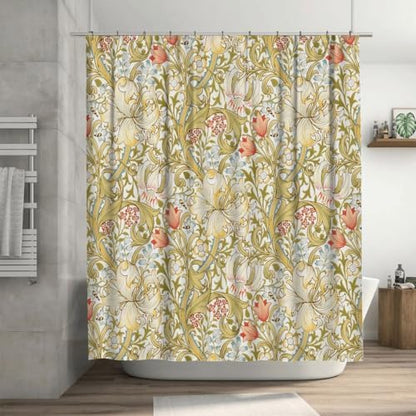 Ansouyi William Morris Shower Curtain Set with 12 Hooks, Bath Curtains Waterproof Polyester Fabric, Lily Art Nouveau Floral Home Bathroom Bathtubs Decor Washable Durable Fabric, 72" Wx72 L