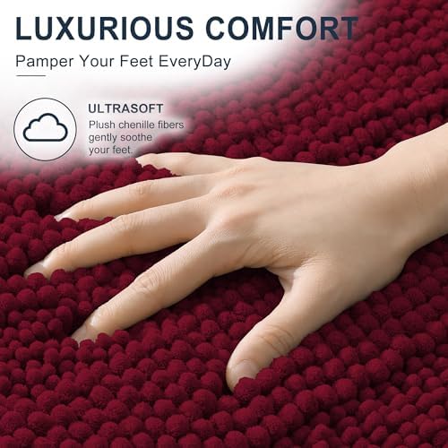 Smiry Thick Chenille Bathroom Runner Rugs 47x20, Soft Bath Mat, Burgundy