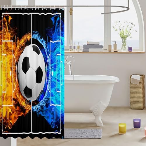 jejeloiu Soccer Ball Game Bath Curtain Boys Girls 72"x78" Football Shower Curtain for Kids Women Men Waterproof Ice Fire Bathroom Shower Curtain Set Orange Blue Kids Bathroom Accessories