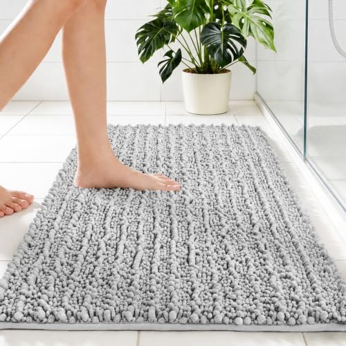 Disolla Silver Bath Mat 24x36 Inch - Luxury Chenille Bathroom Rug, Extra Soft Shaggy Plush Absorbent Mat, Non-Slip Washable Rug for Bathtub, Shower and Bedside