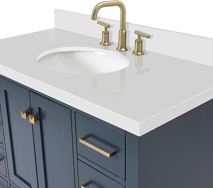 ARIEL Cambridge 42-inch Bathroom Vanity with Sink,Solid Wood, 1.5-inch Pure White Quartz Countertop & Backsplash, Single Oval Porcelain Sink, 2 Soft Closing Doors, 9 Dovetail Drawers, Midnight Blue