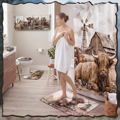 FuWeave 8 Pcs Highland Cow Shower Curtain Sets for Bathroom Farm Daisy Cattle Shower Curtain Sets Rustic Farmhouse Bathroom Accessories with Towels Carpet Bath Mat Toilet Rugs and 12 Hooks