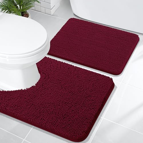 OLANLY Chenille Bathroom Rugs Mats Sets 2 Piece, 24"x16"+24"x20", Burgundy