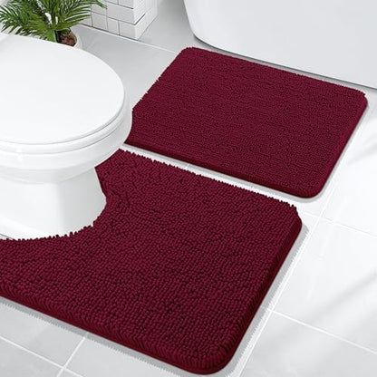 OLANLY Chenille Bathroom Rugs Mats Sets 2 Piece, 24"x16"+24"x20", Burgundy