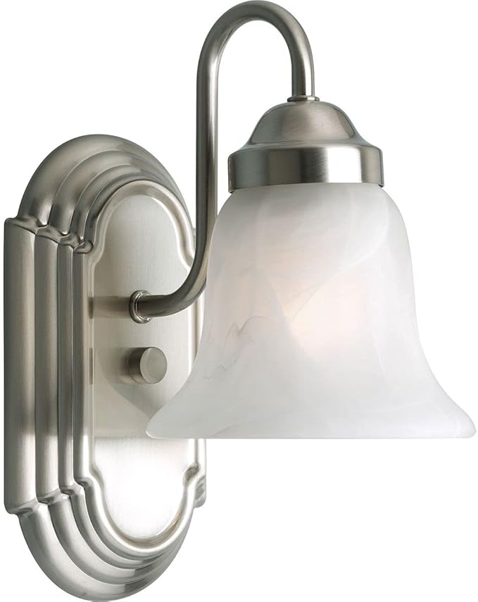 Progress Lighting 1 Light Bathroom Vanity Light, Modern Bath Lighting Fixture with White Glass Shade for Over the Mirror, Alabaster Glass Collection, Reversible Mounting, Brushed Nickel (P3051-09)