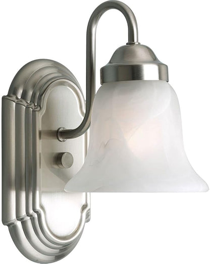 Progress Lighting 1 Light Bathroom Vanity Light, Modern Bath Lighting Fixture with White Glass Shade for Over the Mirror, Alabaster Glass Collection, Reversible Mounting, Brushed Nickel (P3051-09)