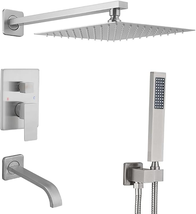 Brushed Nickel Shower System with Tub Spout Wall Mounted Tub Shower Faucet Set for Bathroom with High Pressure 10" Rain Shower head and Handheld Shower Head Kit
