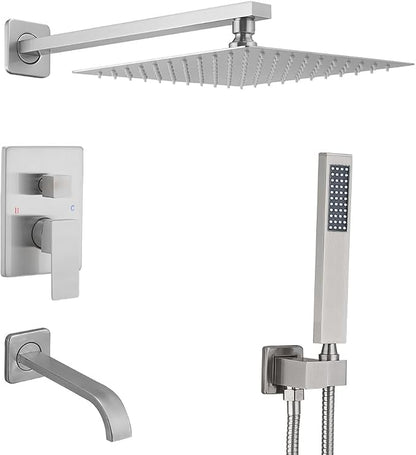 Brushed Nickel Shower System with Tub Spout Wall Mounted Tub Shower Faucet Set for Bathroom with High Pressure 10" Rain Shower head and Handheld Shower Head Kit