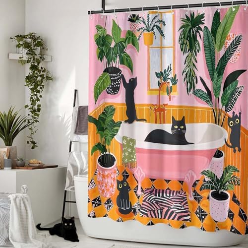 Funny Cat Shower Curtain Boho Cute Fun Black Cats Matisse Shower Curtains for Bathroom Kitten Green Tropical Plant Leaves Pink Orange Yellow Waterproof Fabric Bath Curtain Decor 72 X 72 Inches