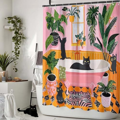 Funny Cat Shower Curtain Boho Cute Fun Black Cats Matisse Shower Curtains for Bathroom Kitten Green Tropical Plant Leaves Pink Orange Yellow Waterproof Fabric Bath Curtain Decor 72 X 72 Inches