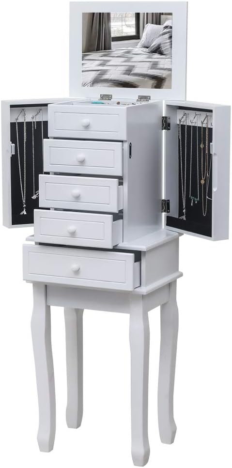 Standing Jewelry Armoire with Mirror, 5 Drawers & 14 Necklace Hooks, Jewelry Cabinet Chest with Removable Ring Storage Slot and Top Storage Organizer, 2 Side Swing Doors