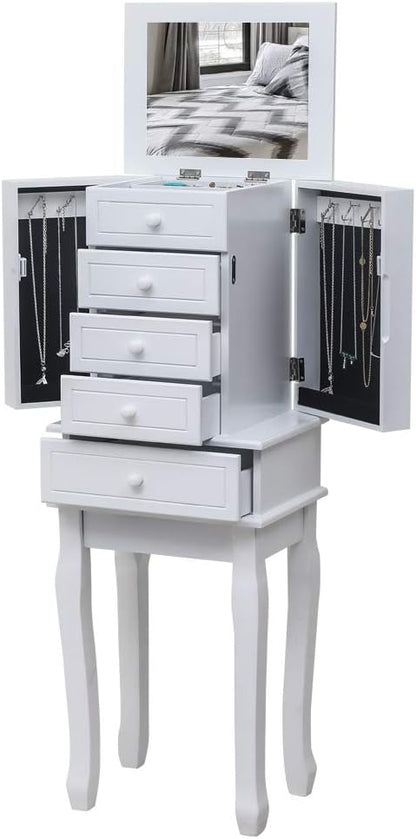 Standing Jewelry Armoire with Mirror, 5 Drawers & 14 Necklace Hooks, Jewelry Cabinet Chest with Removable Ring Storage Slot and Top Storage Organizer, 2 Side Swing Doors