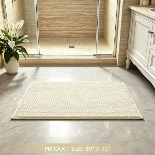 SUBRTEX Bathroom Rugs, 20" x 32" Chenille Bath Rug Soft Short Plush Bath Mat Soft Shower Mat Water Absorbent Shower Mat Quick Dry Machine Washable, Cream White