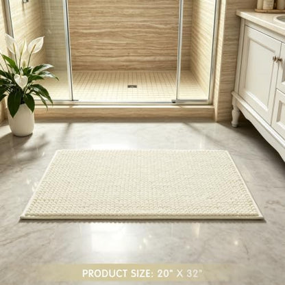SUBRTEX Bathroom Rugs, 20" x 32" Chenille Bath Rug Soft Short Plush Bath Mat Soft Shower Mat Water Absorbent Shower Mat Quick Dry Machine Washable, Cream White