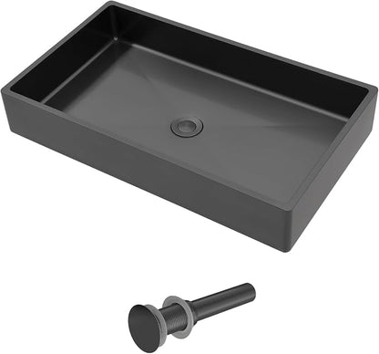 Dcolora 24 In. Black Drop In Bathroom Vessel Sink, 16 Gauge Stainless Steel, Rectangle Design with Drain Assembly, 14"D x 24"W x 4"H #DC-VS261205
