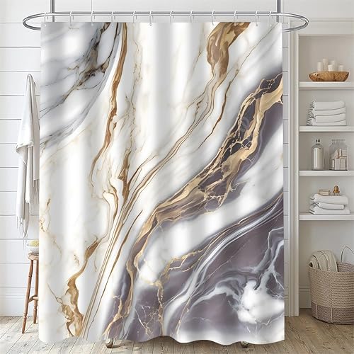 Nkzply 4 Pcs White Marble Shower Curtain Set Grey Bathroom Sets with Rugs