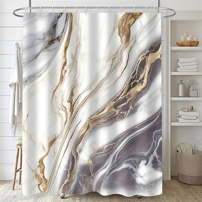 Nkzply 4 Pcs White Marble Shower Curtain Set Grey Bathroom Sets with Rugs
