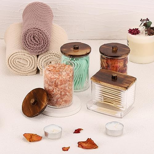 Tbestmax 4 Pack Qtip Holder Bathroom Container, 10/7oz Cotton Ball/Swabs Dispenser, Apothecary Jar with Bamboo Lids for Organizer and Storage (Brown)