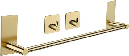 Taozun Golden Towel Bar Set- Self Adhesive Towel Holder + 2 Packs Towel Hooks Bathroom Accessories, 16-Inch Towel Rack for Bathroom Stainless Steel Brushed Brass New
