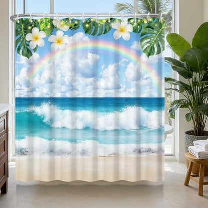 Summer Rainbow Beach Ocean Shower Curtain with Weighted Bottom, Tropical Coastal Waves Waterproof Decorative Shower Curtain, Machine Washable Fabric Shower Curtains with 12 Hooks, 72x72 Inch
