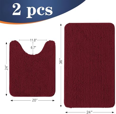 OLANLY Chenille Bathroom Rugs Mats Sets 2 Piece, 36"x24"+24"x20", Burgundy