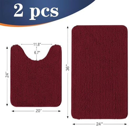 OLANLY Chenille Bathroom Rugs Mats Sets 2 Piece, 36"x24"+24"x20", Burgundy