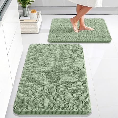 OLANLY Chenille Bathroom Rugs Mats Set 2 Piece, 30"x20"+24"x16", Sage Green