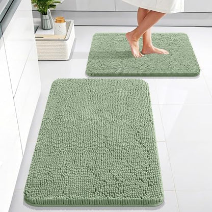 OLANLY Chenille Bathroom Rugs Mats Set 2 Piece, 30"x20"+24"x16", Sage Green