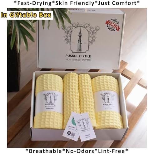 PÜSKÜL Natural 100% Turkish Cotton Waffle Towels Set of 4-Piece, L.-Yellow