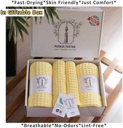 PÜSKÜL Natural 100% Turkish Cotton Waffle Towels Set of 4-Piece, L.-Yellow