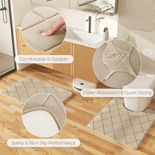 Bathroom Accessories Set - Beige Bathroom Set with Shower Curtain and Rugs, Trash Can, Toilet Brush with Holder, Soap Dispenser, Toothbrush and Toothpaste Holder, Cup, Soap Dish, Qtip Holders, Tray