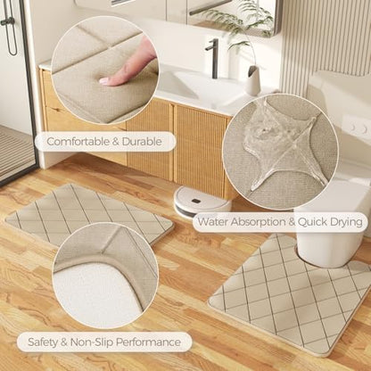 Bathroom Accessories Set - Beige Bathroom Set with Shower Curtain and Rugs, Trash Can, Toilet Brush with Holder, Soap Dispenser, Toothbrush and Toothpaste Holder, Cup, Soap Dish, Qtip Holders, Tray