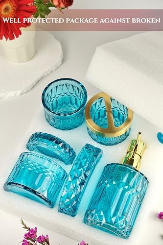 LaMarriti Teal Bathroom Accessorries Set, 5Pcs Glass Bathroom Set