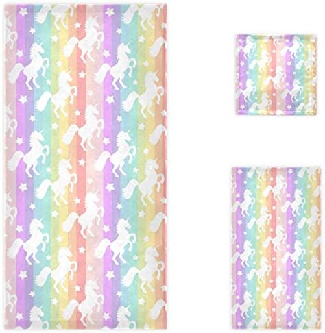 Naanle Beautiful Rainbow Stripe Unicorn Stars Soft Luxury Decorative 3 Pieces Set Towels, 1 Bath Towel+1 Hand Towel+1 Washcloth, Multipurpose for Bathroom, Hotel, Gym, Spa and Beach