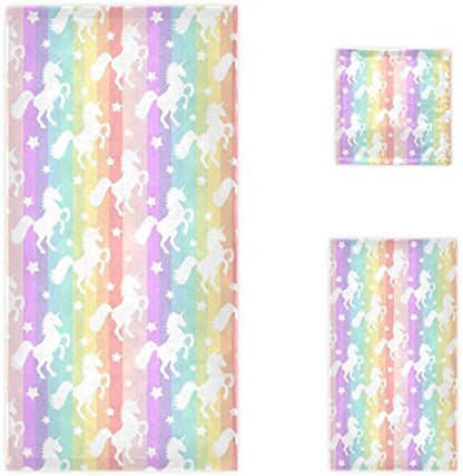 Naanle Beautiful Rainbow Stripe Unicorn Stars Soft Luxury Decorative 3 Pieces Set Towels, 1 Bath Towel+1 Hand Towel+1 Washcloth, Multipurpose for Bathroom, Hotel, Gym, Spa and Beach