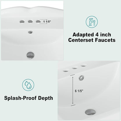 Pedestal Sink Vintage Square Basin with 4 inch 3-Hole Faucet Configuration, Decorative Bathroom Sink for Classic Home Styles, Elegant Pedestal Design for Guest Bathrooms