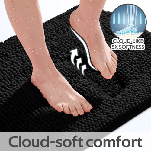 ACCUMTEK Striped Black Toilet Bathroom Rug Mat Set 2 piece Rug Ultra Soft, Non Slip Chenille Bath Rugs, Absorbent Plush Shaggy Bath Mats for Bathroom, Bedroom, Kitchen, Shower, Tub