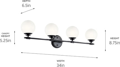 Kichler Benno 4-Light Vanity, Modern Light with Opal Glass in Black, for Bathroom or Powder Room (8.75" x 34"), 55173BK