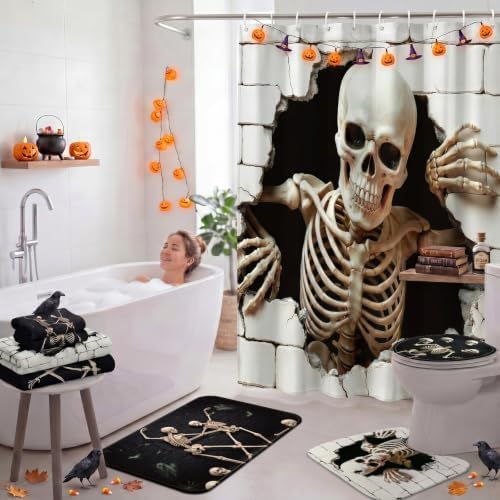 FuWeave 8 Pcs Halloween Shower Curtain Set, Skeleton Breakthrough Bathroom Decor with 3D Wall-Breaking Skull, Include Non-Slip Bath Mat, Toilet Lid Cover, Towels and 12 Hooks for Gothic Bathroom