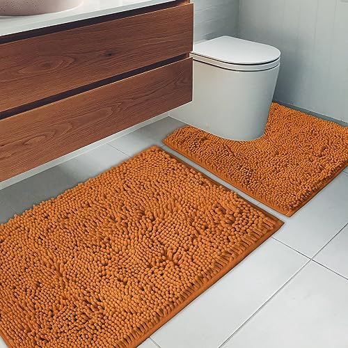 Bathroom Rugs Chenille Bath mat 2 Piece Set, Super Absorbent, Strong PVC Non Slip Backing, Bath mats for Bathroom, Plush Shaggy, Thick, Machine Washable, Bathtub, Toilet.(Champagne)