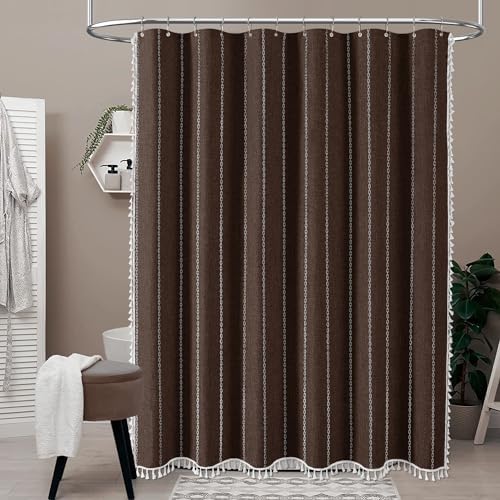 BTTN Brown Boho Farmhouse Linen Heavy Duty Cloth Shower Curtain Set, 72x72