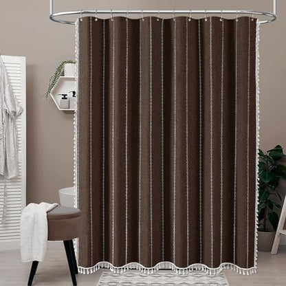 BTTN 72x84 Long Boho Farmhouse Linen Heavy Duty Shower Curtain Set, Brown