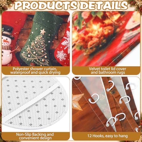 FuWeave 8Pcs Vintage Christmas Shower Curtain Set, Rustic Fireplace Cabin Bathroom Decor with Santa Reindeer & Xmas Stocking, Non Slip Pine Tree Bath Mat, Toilet Lid Cover, Hand Towels and 12 Hooks